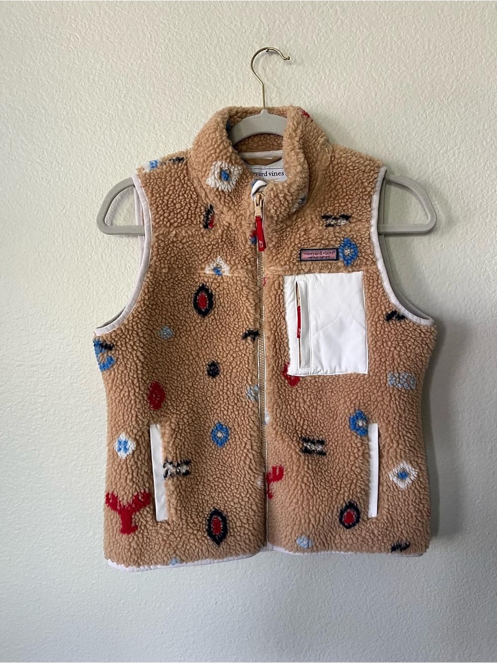 Vineyard Vines Tan Shearling Vest with Nautical Print Girls Size XL/16